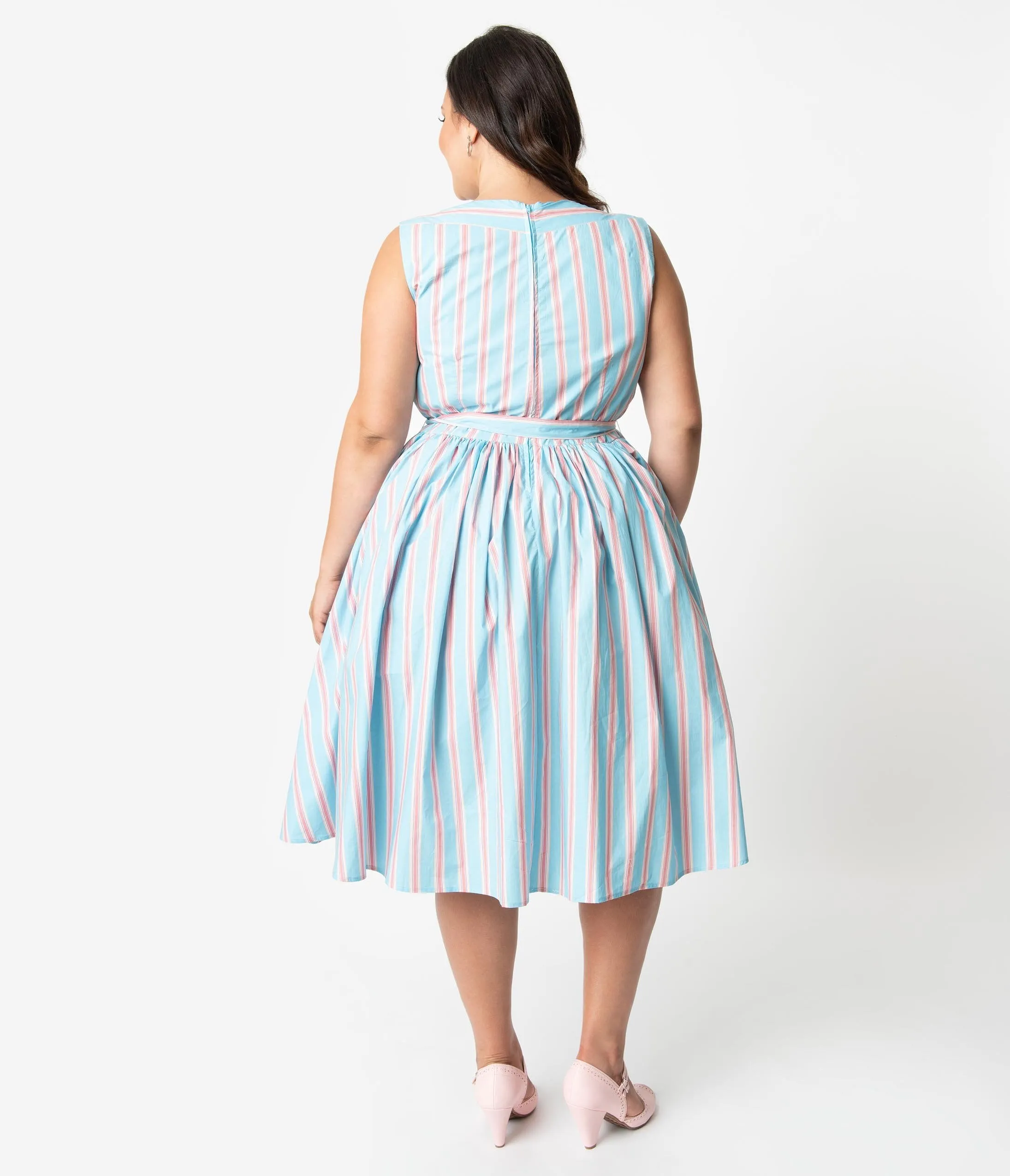 Unique Vintage Plus Size Blue & Pink Stripe Sleeveless Indy Cotton Sundress