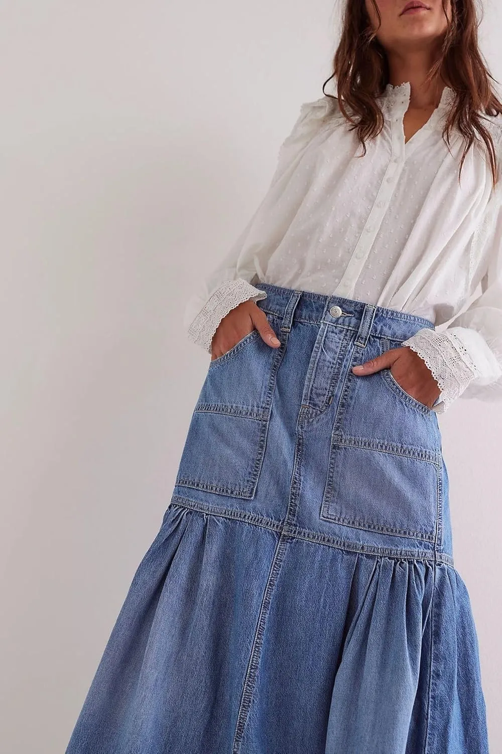 utcoco Womens 2025 Y2k Denim Skirt Casual High Waist Patchwork Ruffle Pleated A-Line Long Skirts