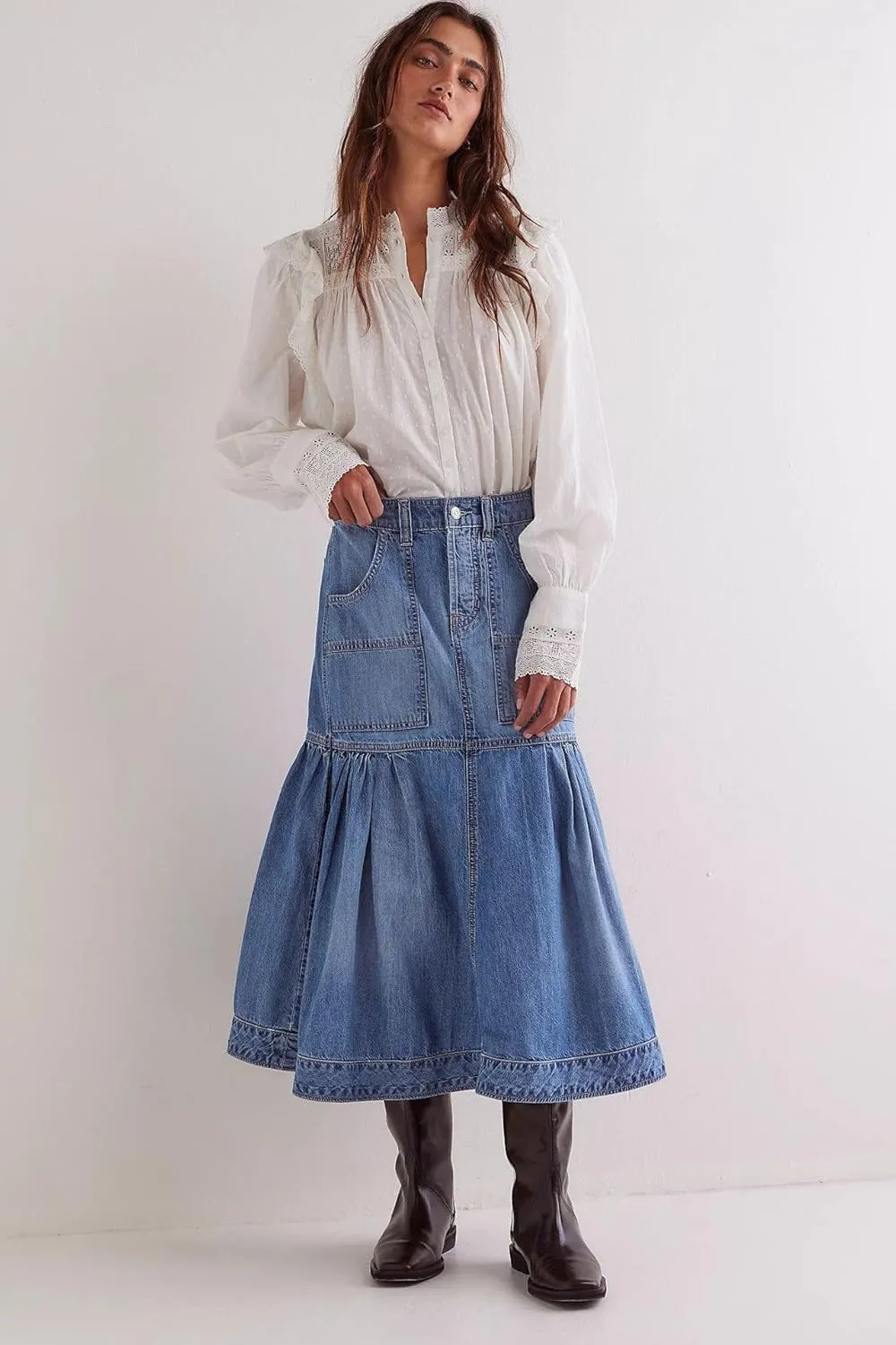 utcoco Womens 2025 Y2k Denim Skirt Casual High Waist Patchwork Ruffle Pleated A-Line Long Skirts