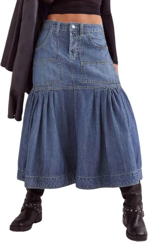 utcoco Womens 2025 Y2k Denim Skirt Casual High Waist Patchwork Ruffle Pleated A-Line Long Skirts