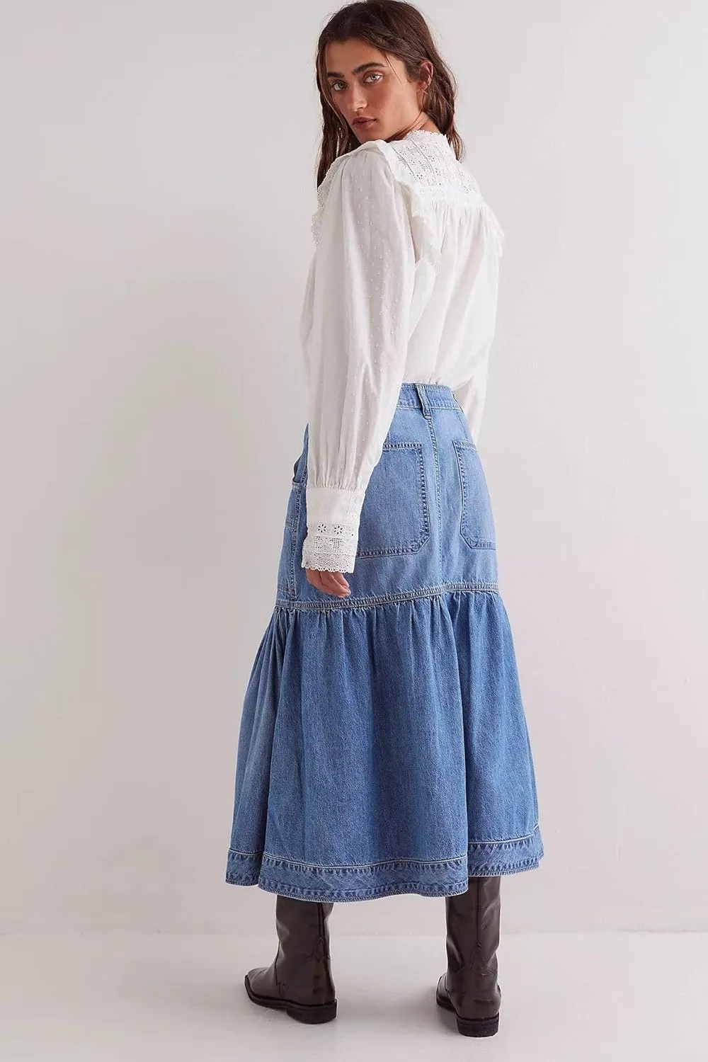utcoco Womens 2025 Y2k Denim Skirt Casual High Waist Patchwork Ruffle Pleated A-Line Long Skirts