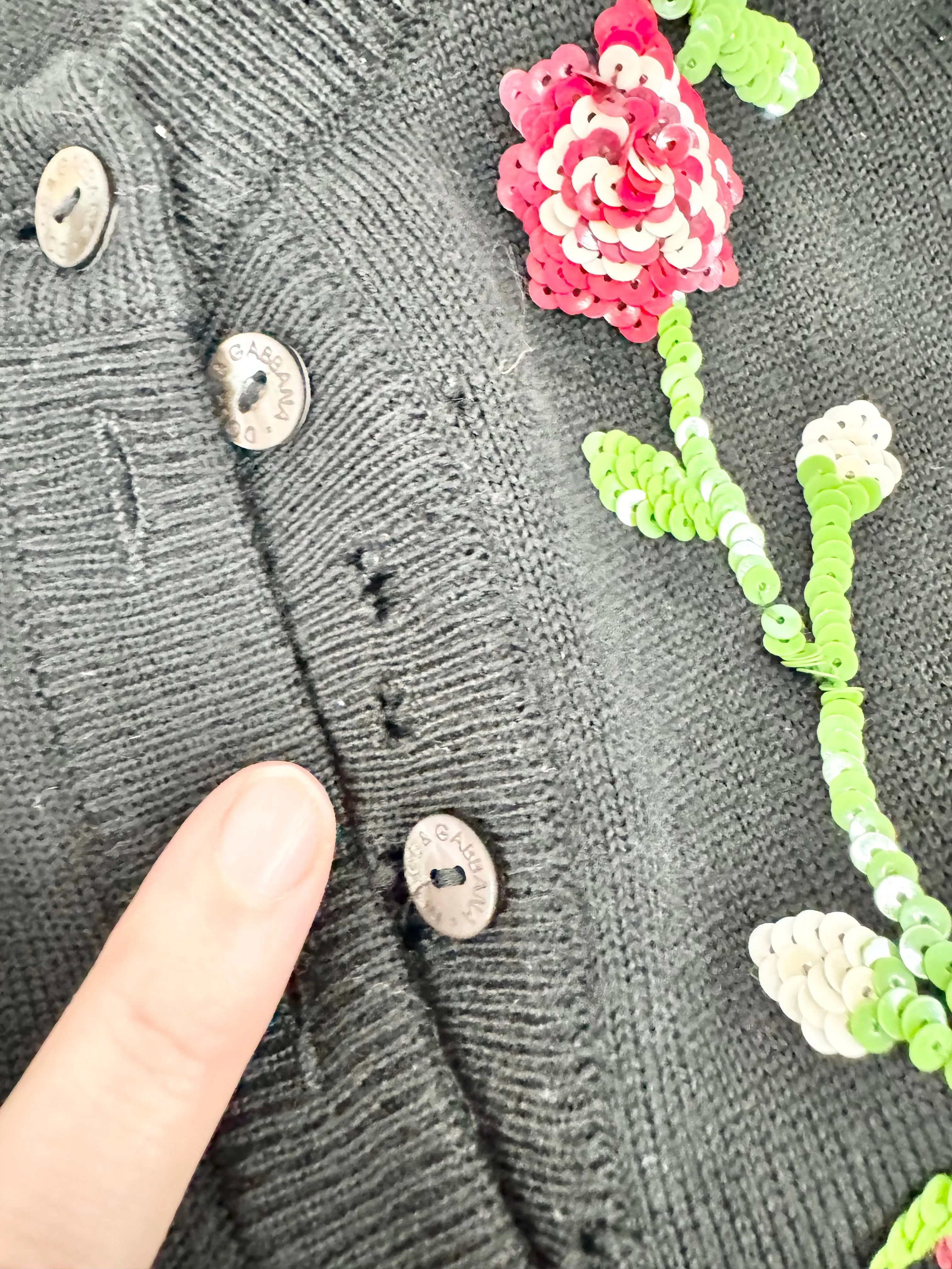 Vintage Dolce & Gabbana Black Wool Rose Pattern Cardigan - AU12