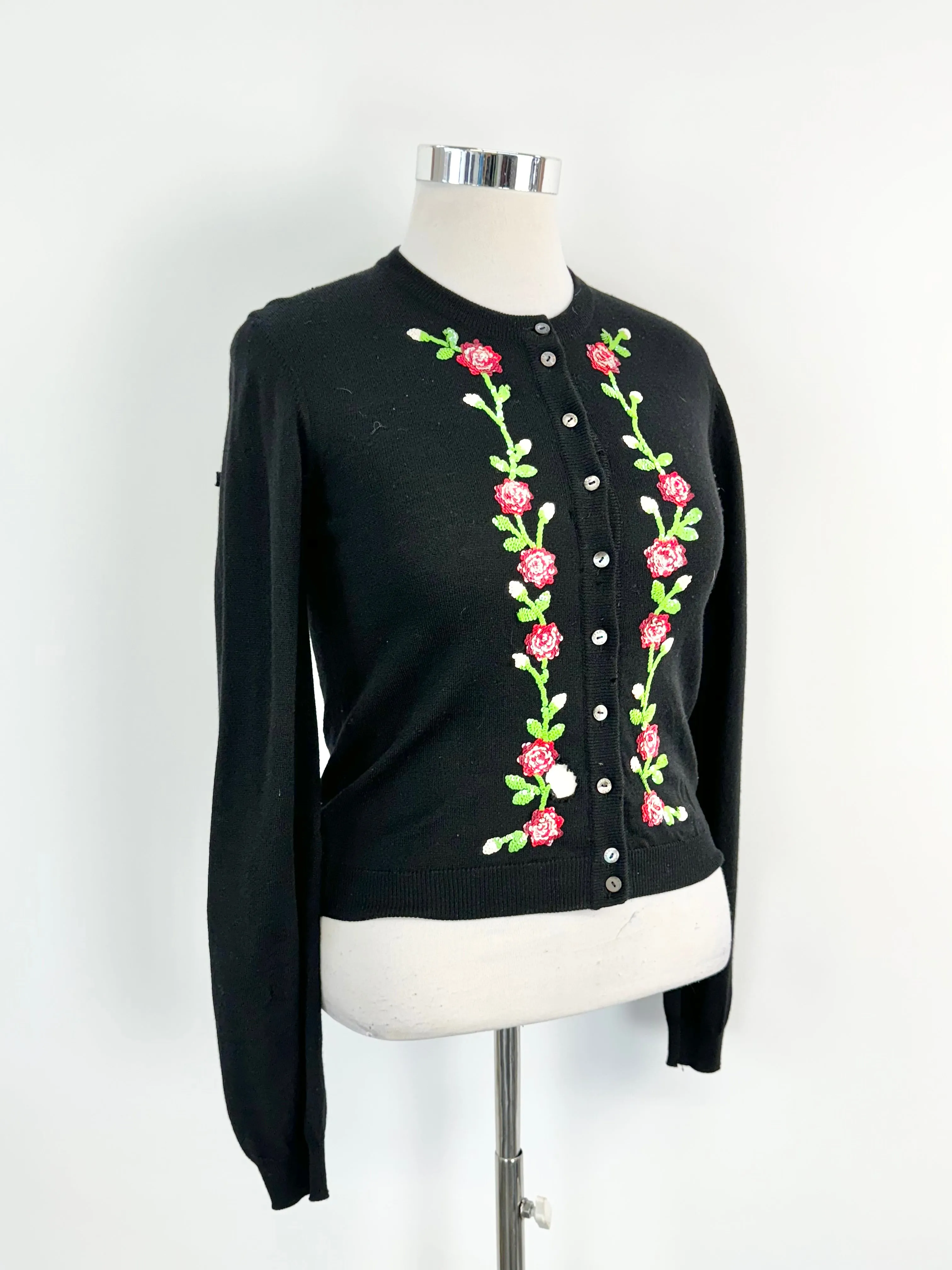 Vintage Dolce & Gabbana Black Wool Rose Pattern Cardigan - AU12