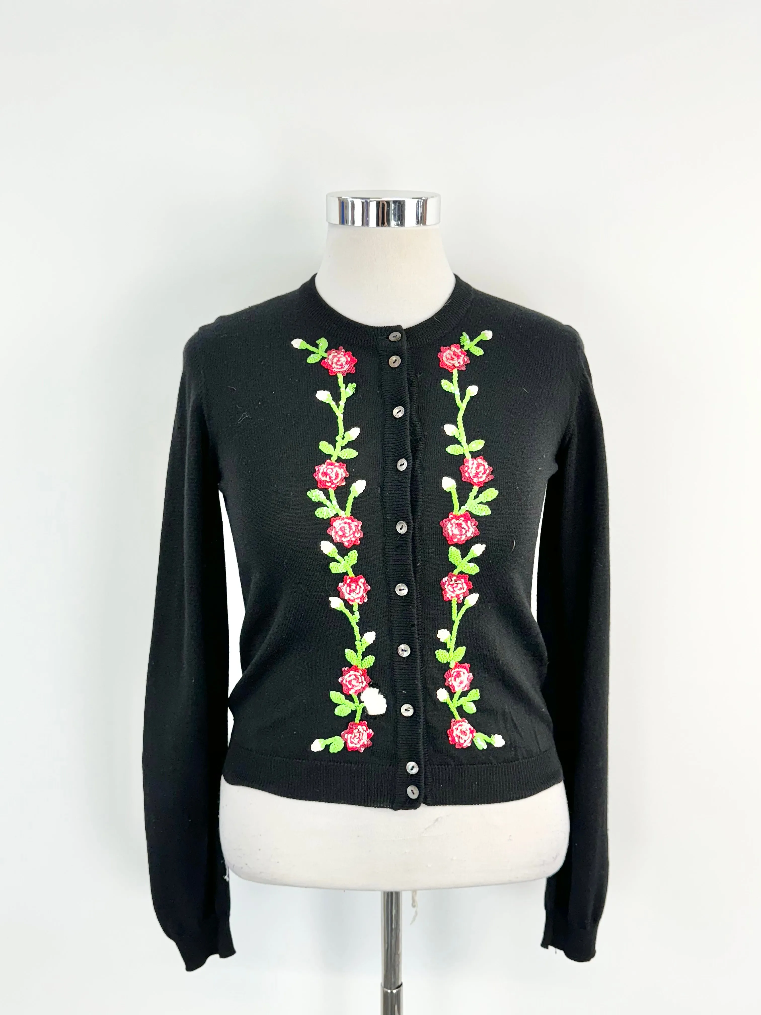 Vintage Dolce & Gabbana Black Wool Rose Pattern Cardigan - AU12