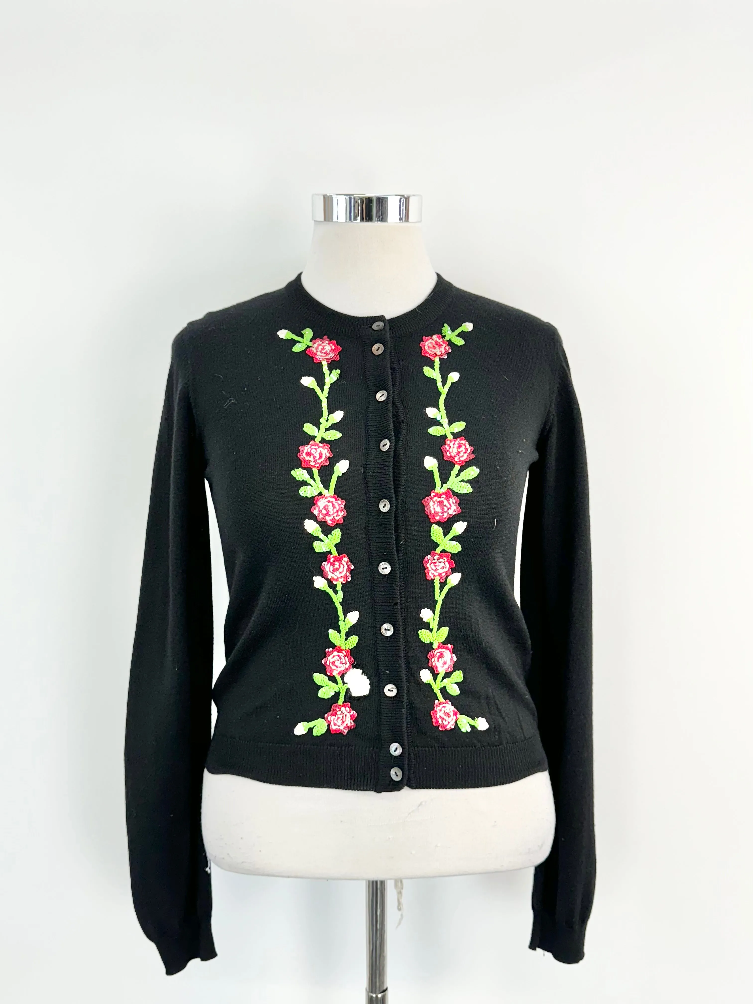 Vintage Dolce & Gabbana Black Wool Rose Pattern Cardigan - AU12