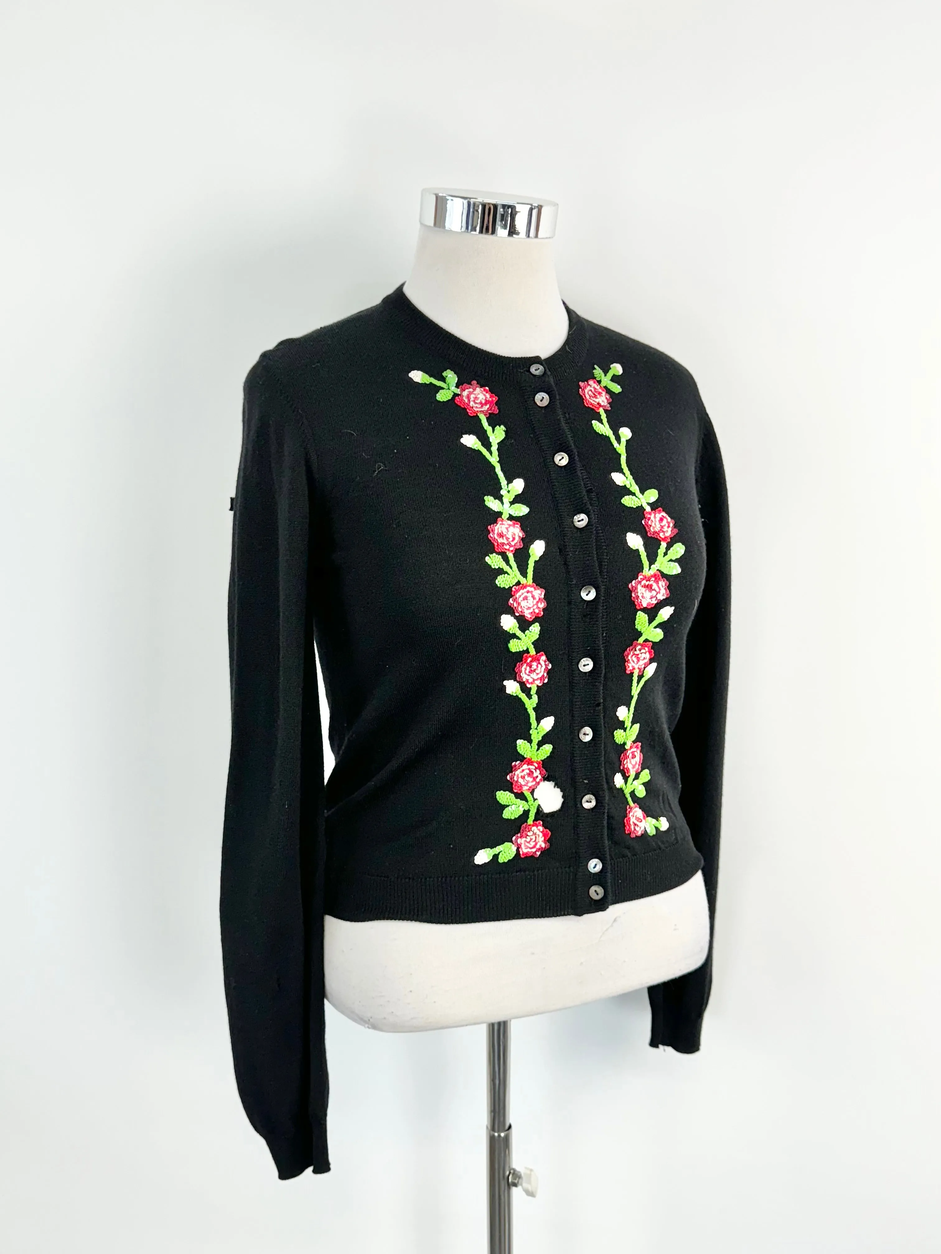 Vintage Dolce & Gabbana Black Wool Rose Pattern Cardigan - AU12