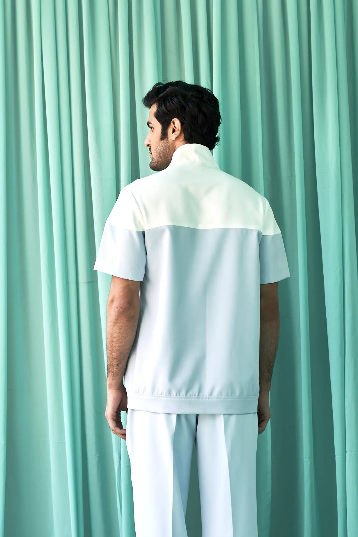 White and Blush Blue Panel Men's Lounge Wear Set