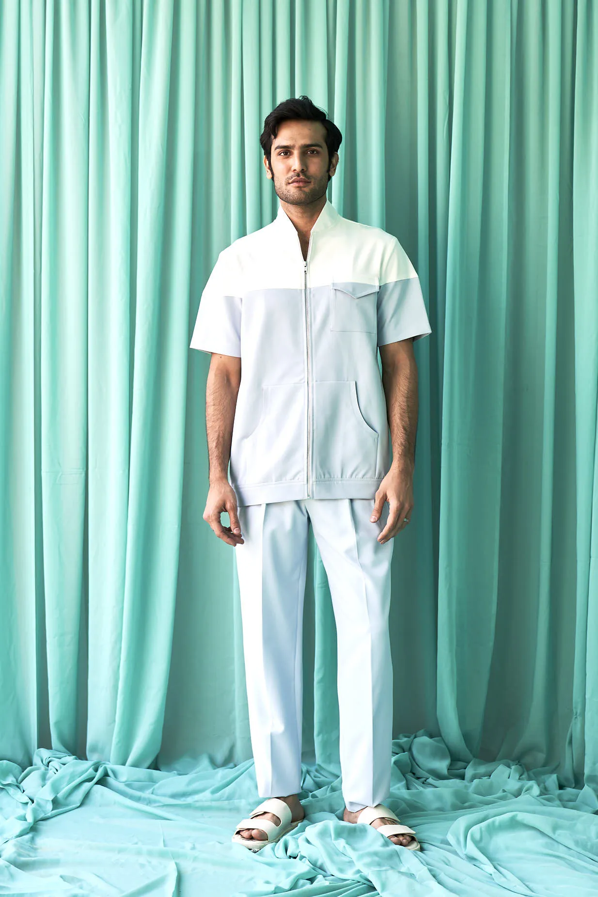 White and Blush Blue Panel Men's Lounge Wear Set