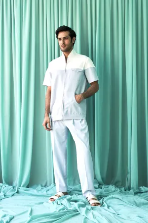 White and Blush Blue Panel Men's Lounge Wear Set