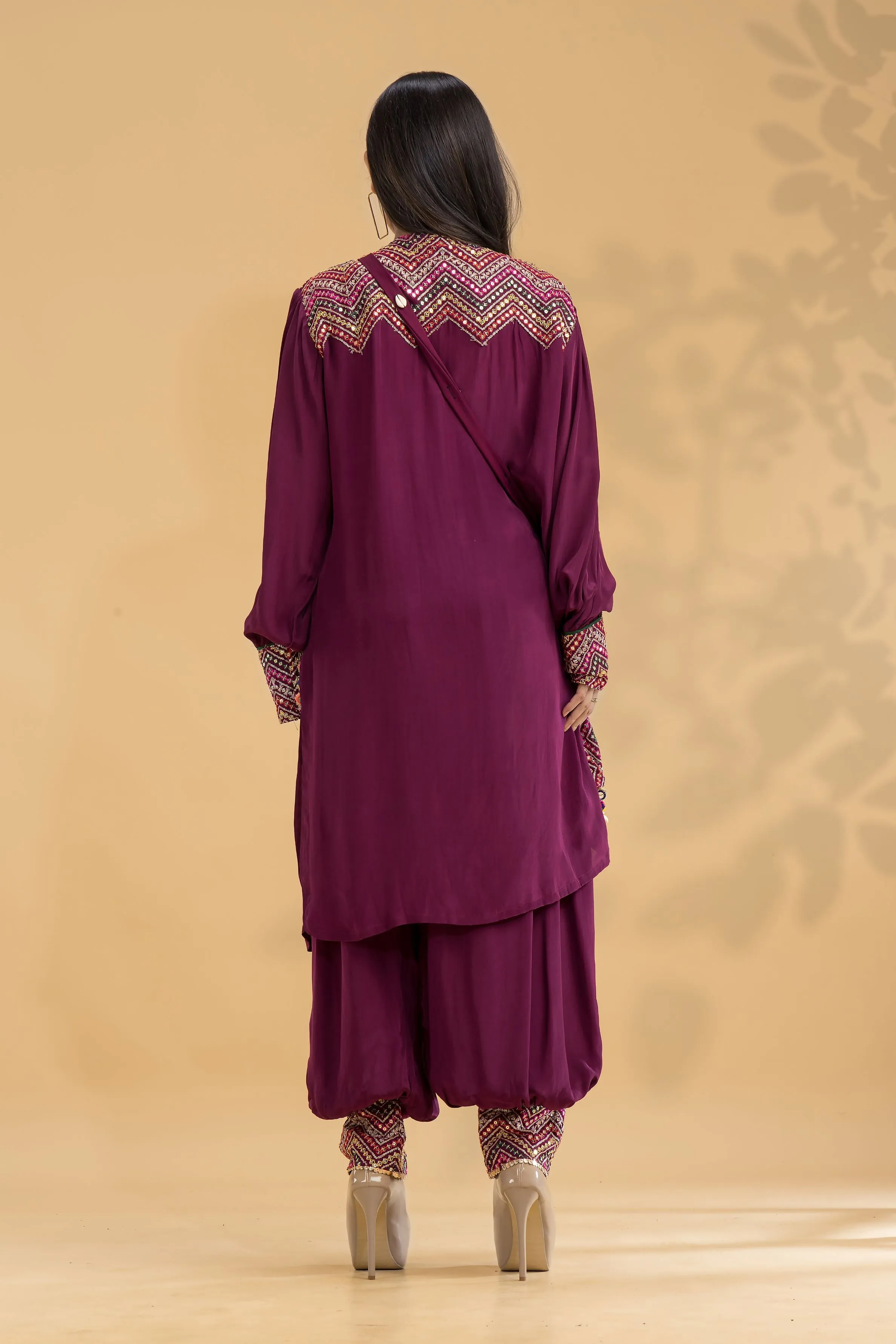 Wine Embroidered Muslin Silk Patiala Pants Set