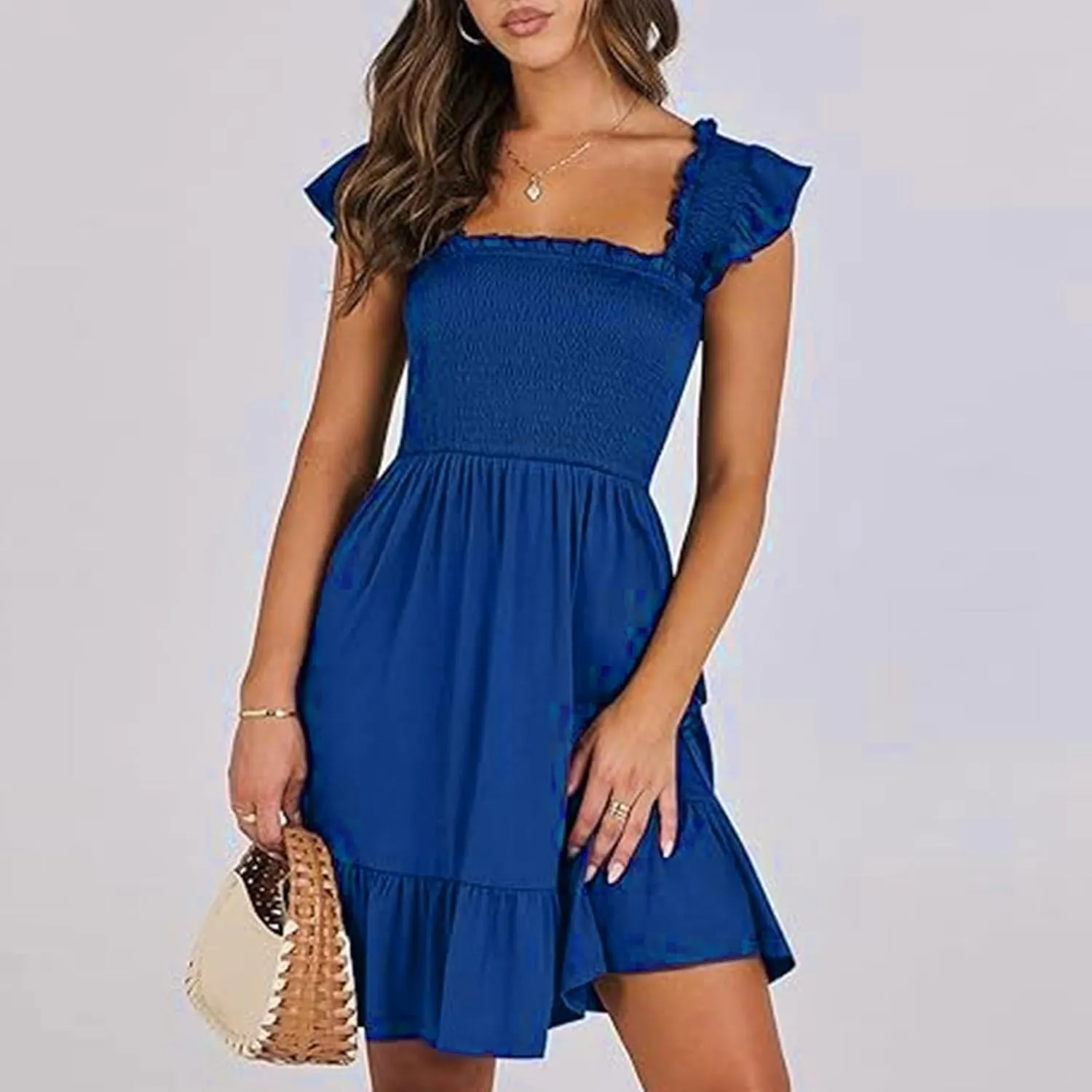 Women Summer Dresses 2025 Casual Boho Smocked Ruffle Sun Beach Babydoll Mini Dress Layered Flowy Swing Dress