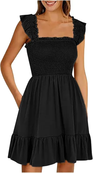 Women Summer Dresses 2025 Casual Boho Smocked Ruffle Sun Beach Babydoll Mini Dress Layered Flowy Swing Dress