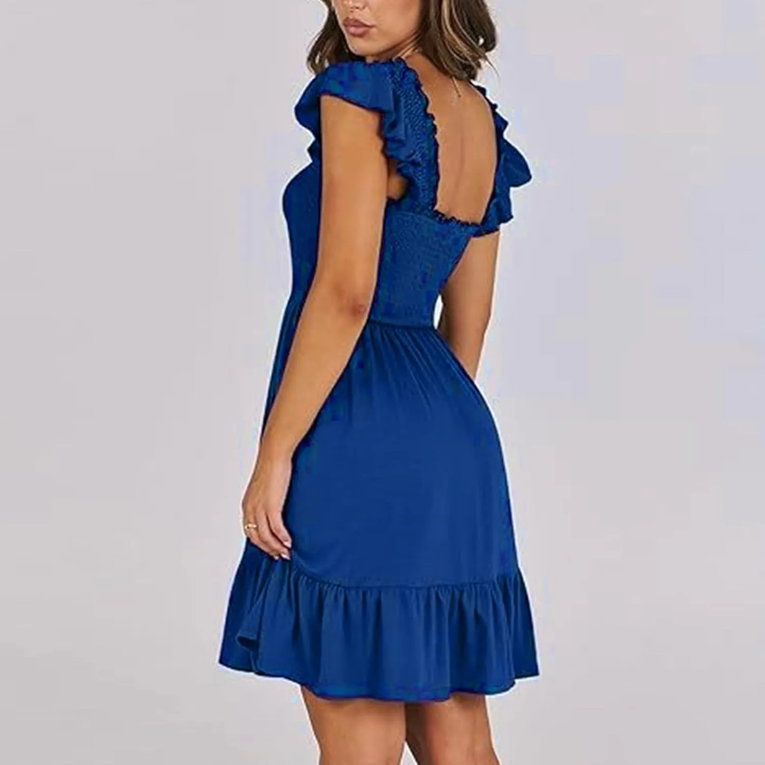Women Summer Dresses 2025 Casual Boho Smocked Ruffle Sun Beach Babydoll Mini Dress Layered Flowy Swing Dress