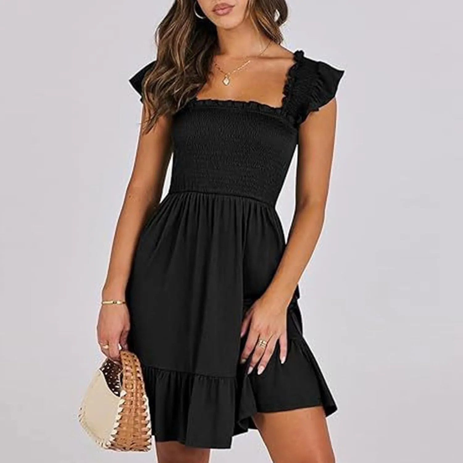 Women Summer Dresses 2025 Casual Boho Smocked Ruffle Sun Beach Babydoll Mini Dress Layered Flowy Swing Dress