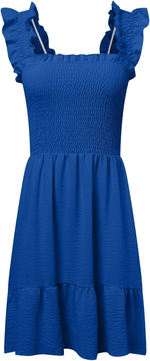 Women Summer Dresses 2025 Casual Boho Smocked Ruffle Sun Beach Babydoll Mini Dress Layered Flowy Swing Dress