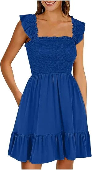 Women Summer Dresses 2025 Casual Boho Smocked Ruffle Sun Beach Babydoll Mini Dress Layered Flowy Swing Dress