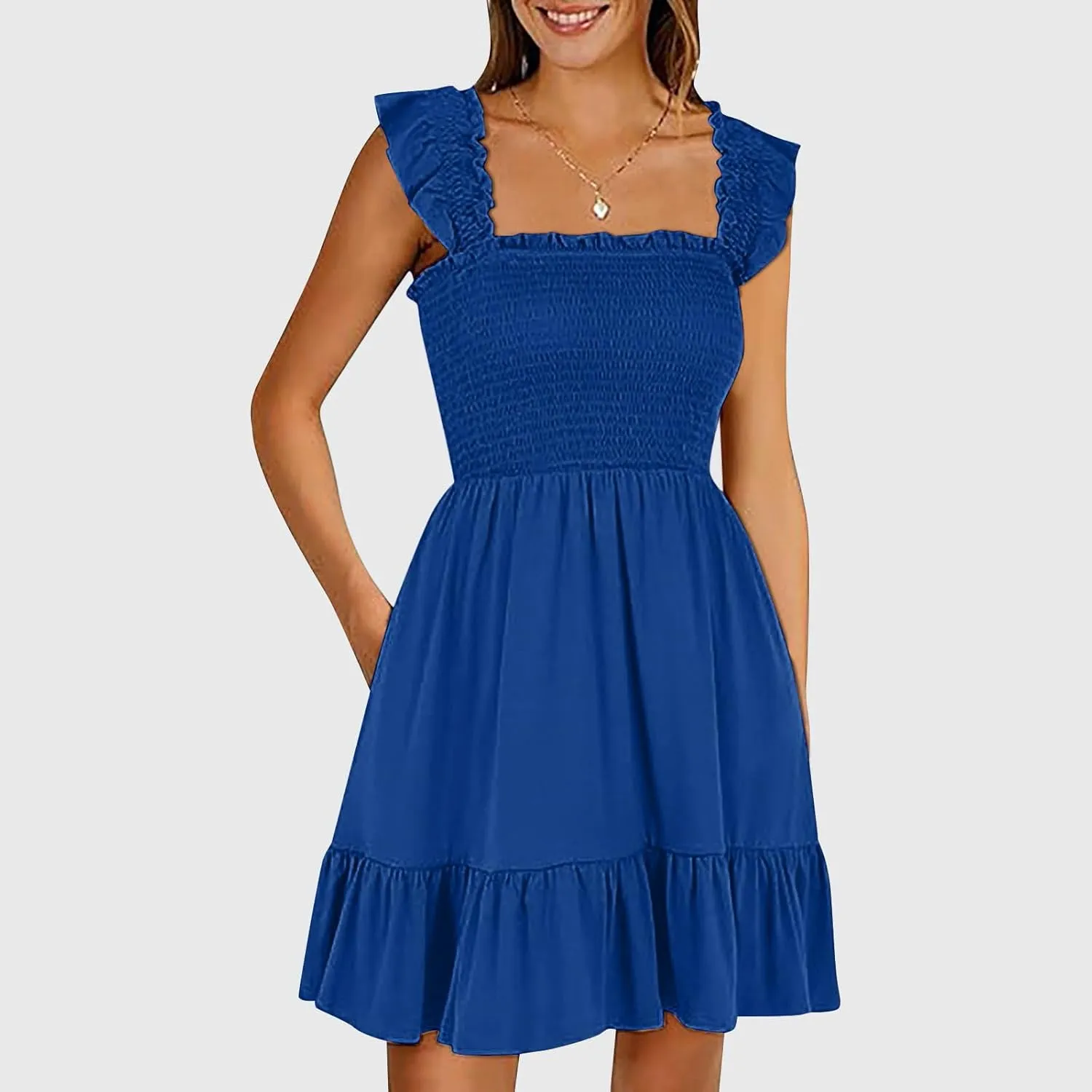 Women Summer Dresses 2025 Casual Boho Smocked Ruffle Sun Beach Babydoll Mini Dress Layered Flowy Swing Dress