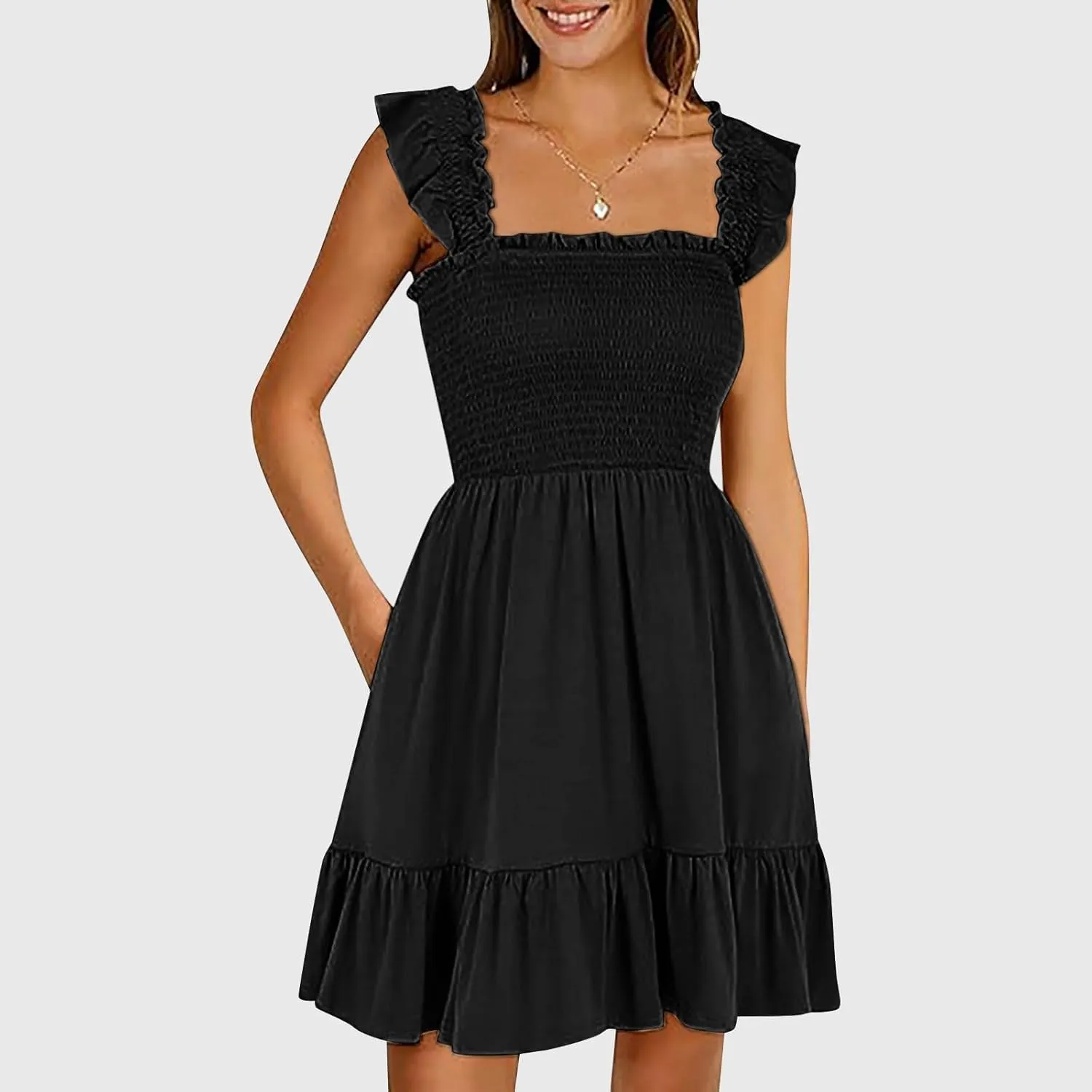 Women Summer Dresses 2025 Casual Boho Smocked Ruffle Sun Beach Babydoll Mini Dress Layered Flowy Swing Dress