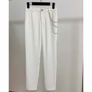 Women White Hight Waisted Formal Pants with Chain Pencil Pants