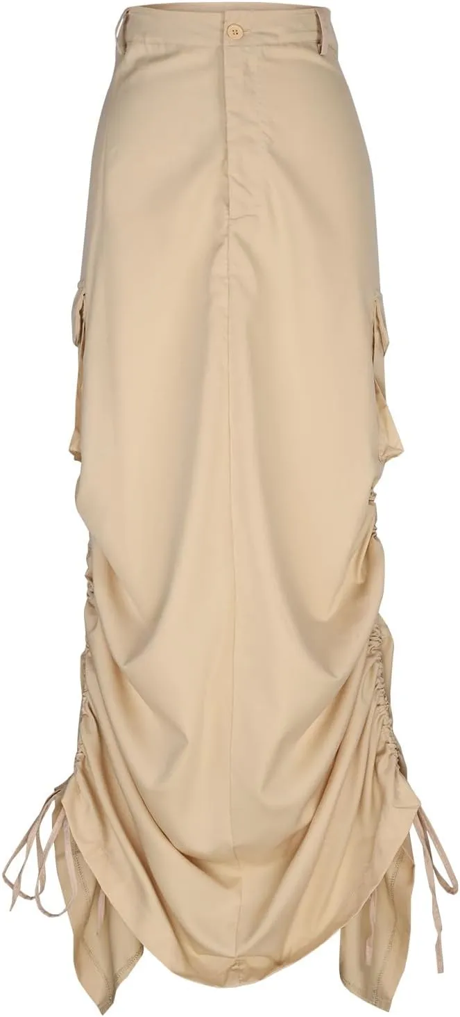 Women Y2k Cargo Long Skirt Button Zip Low Waist Side Drawstring Ruched Vintage Split Back Maxi Skirts with Pockets