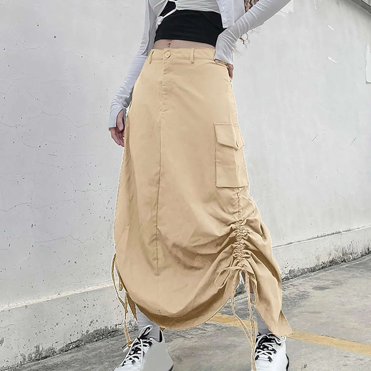 Women Y2k Cargo Long Skirt Button Zip Low Waist Side Drawstring Ruched Vintage Split Back Maxi Skirts with Pockets