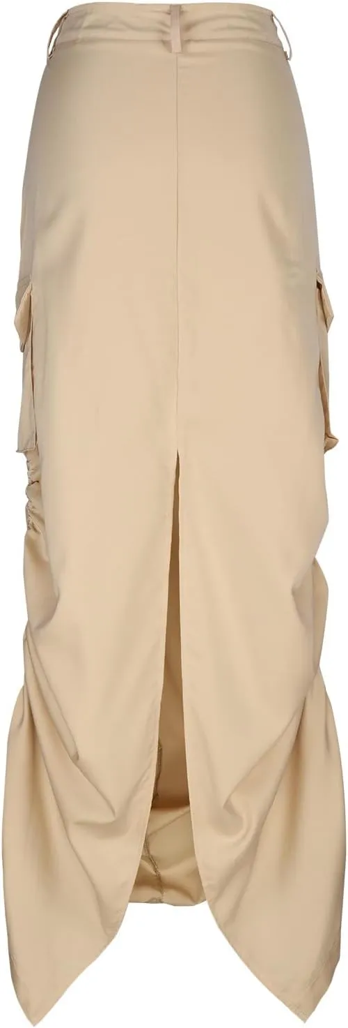 Women Y2k Cargo Long Skirt Button Zip Low Waist Side Drawstring Ruched Vintage Split Back Maxi Skirts with Pockets