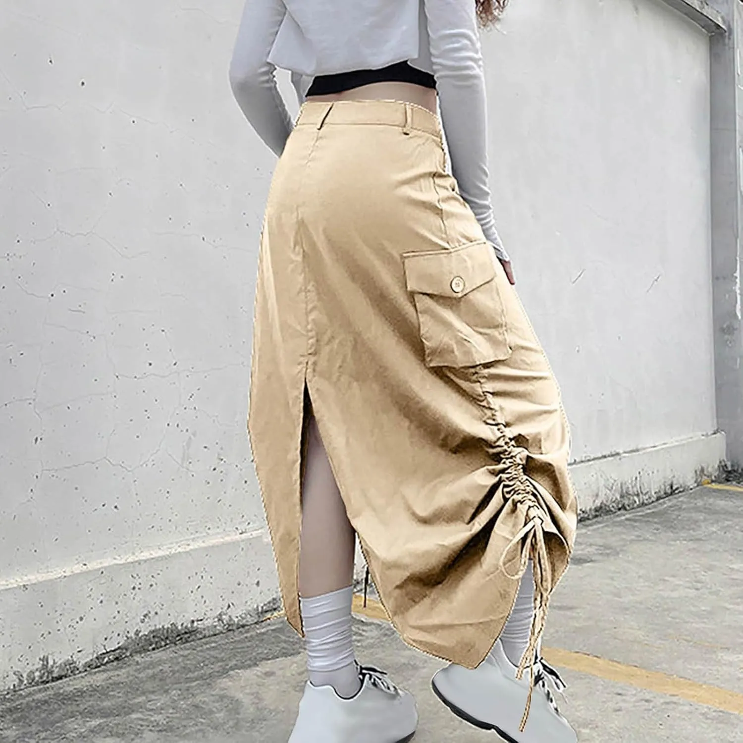 Women Y2k Cargo Long Skirt Button Zip Low Waist Side Drawstring Ruched Vintage Split Back Maxi Skirts with Pockets