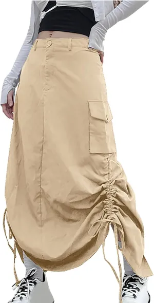 Women Y2k Cargo Long Skirt Button Zip Low Waist Side Drawstring Ruched Vintage Split Back Maxi Skirts with Pockets