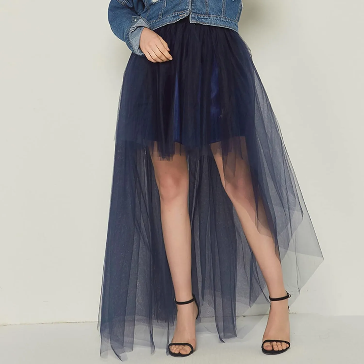 Women's A-Line High Waisted Midi Skirt Short Thin Women's Sexy Skirts Sexy Black Mesh Skirt Front Short Back Long
