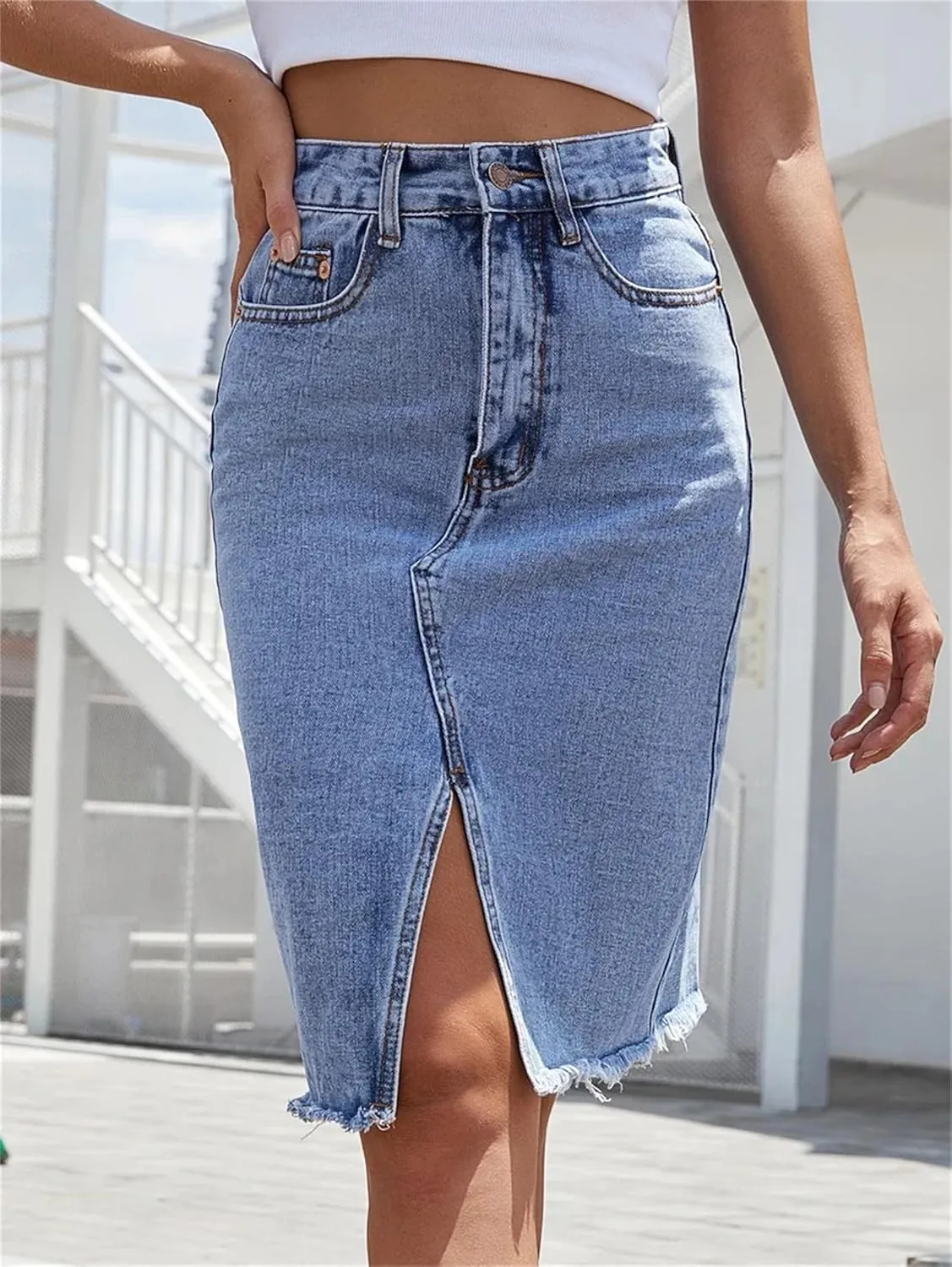 Women's Front Slit Blue Denim Skirt Pockets High Waist Slim Zipper Fly Midi Skirts Casual Streetwear