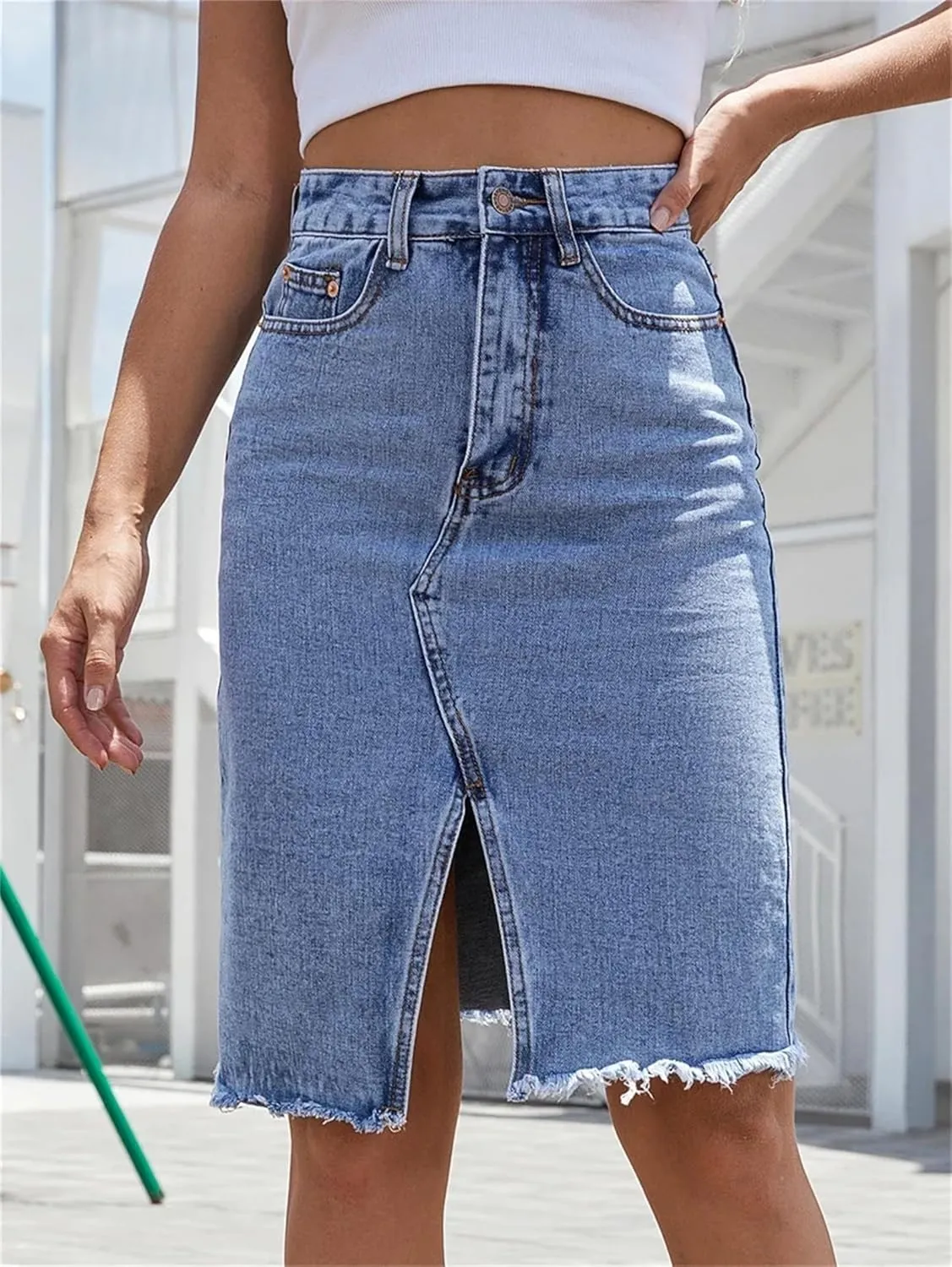 Women's Front Slit Blue Denim Skirt Pockets High Waist Slim Zipper Fly Midi Skirts Casual Streetwear