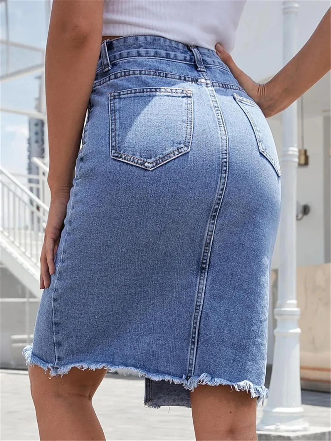 Women's Front Slit Blue Denim Skirt Pockets High Waist Slim Zipper Fly Midi Skirts Casual Streetwear