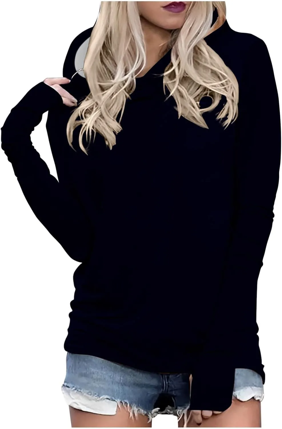 Womens Hoodies,Solid Color Hoodie Sweatshirt With Thumb Hole Slim Fit Pullover Tops Fleece Soft Sweater Tops 2024 Fall