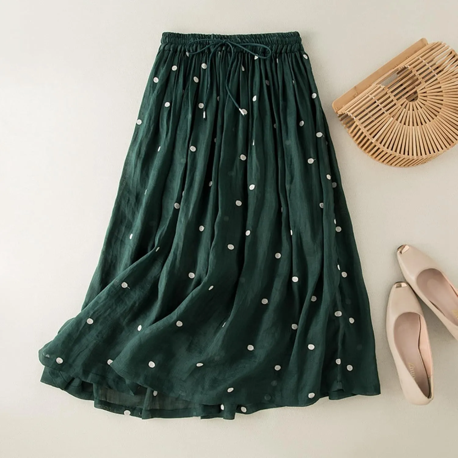 Womens Maxi Skirt for Vacation Color Block Retro A-Line Pleated Drawstring Elastic High Waist Casual Summer Skirts