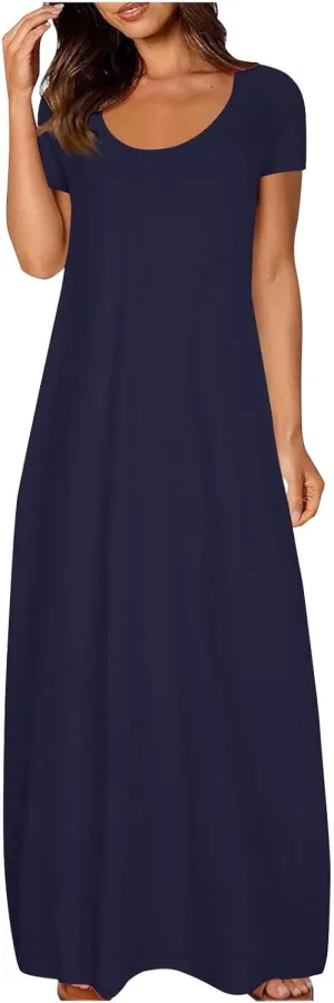Womens Summer Maxi Dresses Fashion Solid Color Cap Sleeves Crewneck Plus Size Loose Comfy Long Beach Sundress
