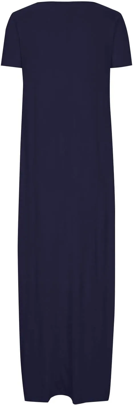 Womens Summer Maxi Dresses Fashion Solid Color Cap Sleeves Crewneck Plus Size Loose Comfy Long Beach Sundress