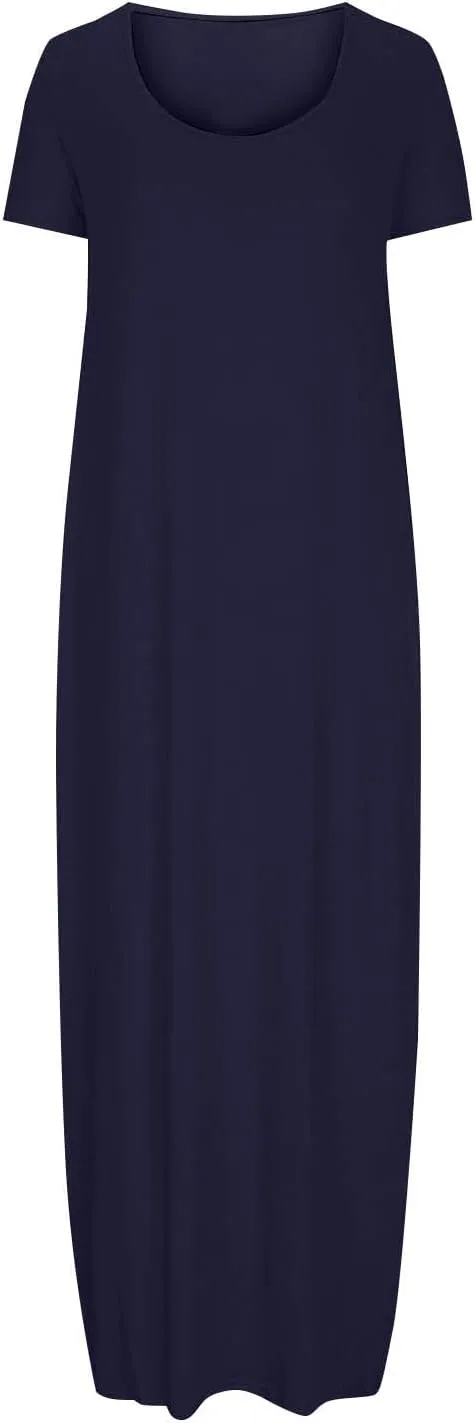 Womens Summer Maxi Dresses Fashion Solid Color Cap Sleeves Crewneck Plus Size Loose Comfy Long Beach Sundress