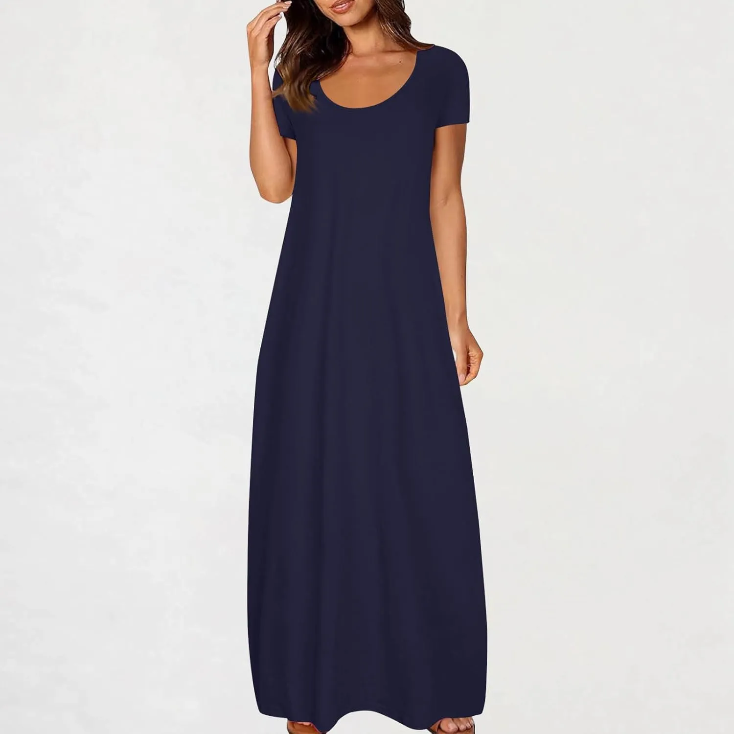 Womens Summer Maxi Dresses Fashion Solid Color Cap Sleeves Crewneck Plus Size Loose Comfy Long Beach Sundress