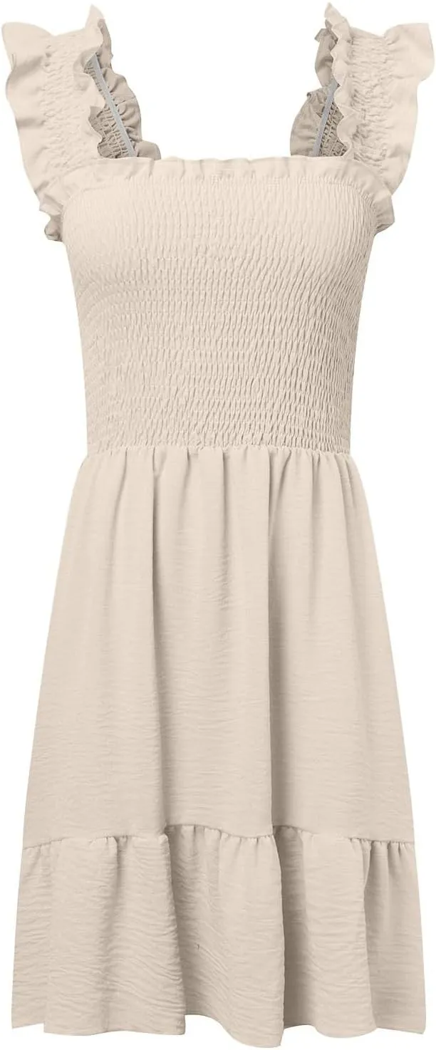 Womens Summer Ruffle Dresses Elastic Empire Waist Smocked A-line Layered Swing Flowy Mini Dress Bodydoll Sundress