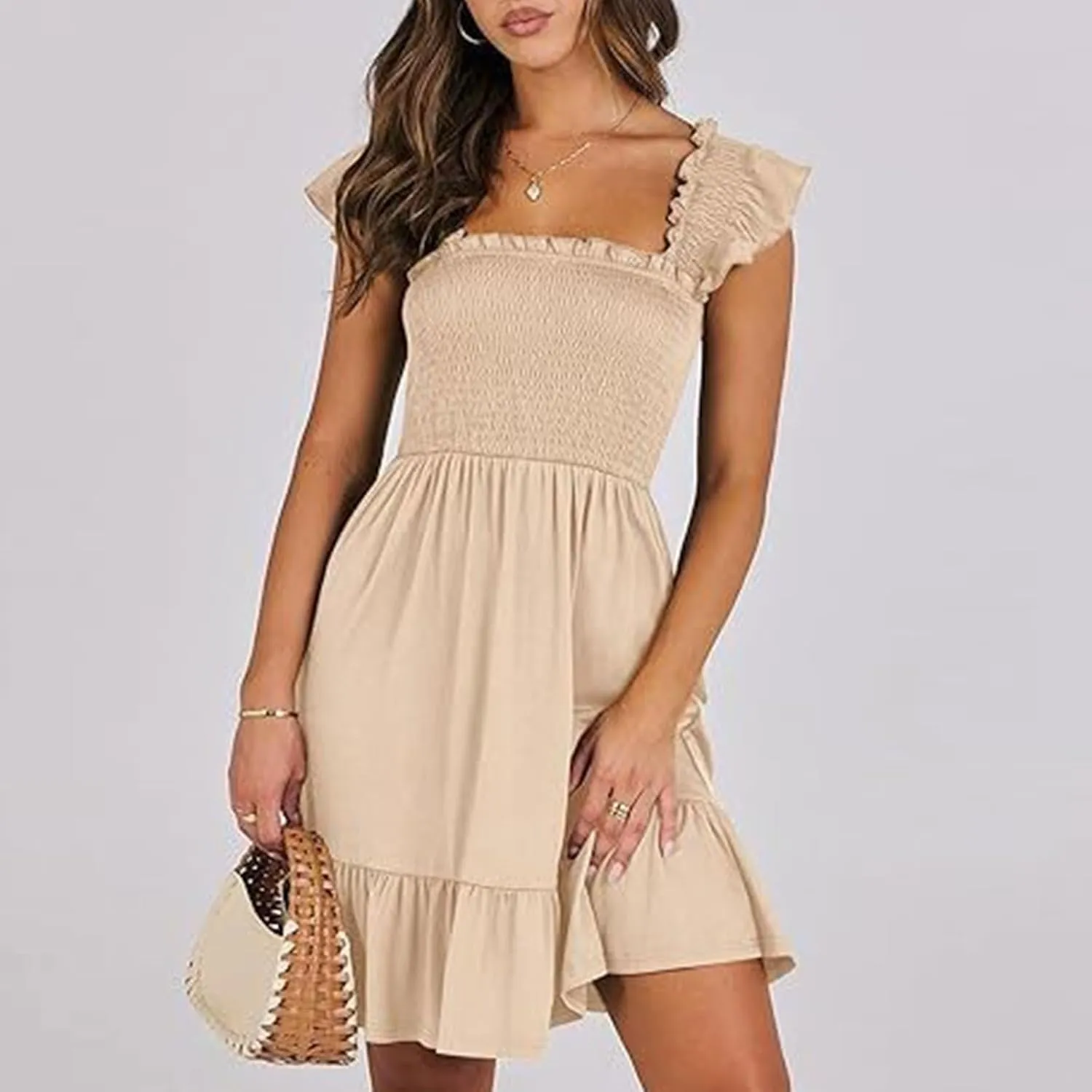 Womens Summer Ruffle Dresses Elastic Empire Waist Smocked A-line Layered Swing Flowy Mini Dress Bodydoll Sundress