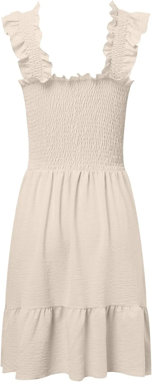 Womens Summer Ruffle Dresses Elastic Empire Waist Smocked A-line Layered Swing Flowy Mini Dress Bodydoll Sundress
