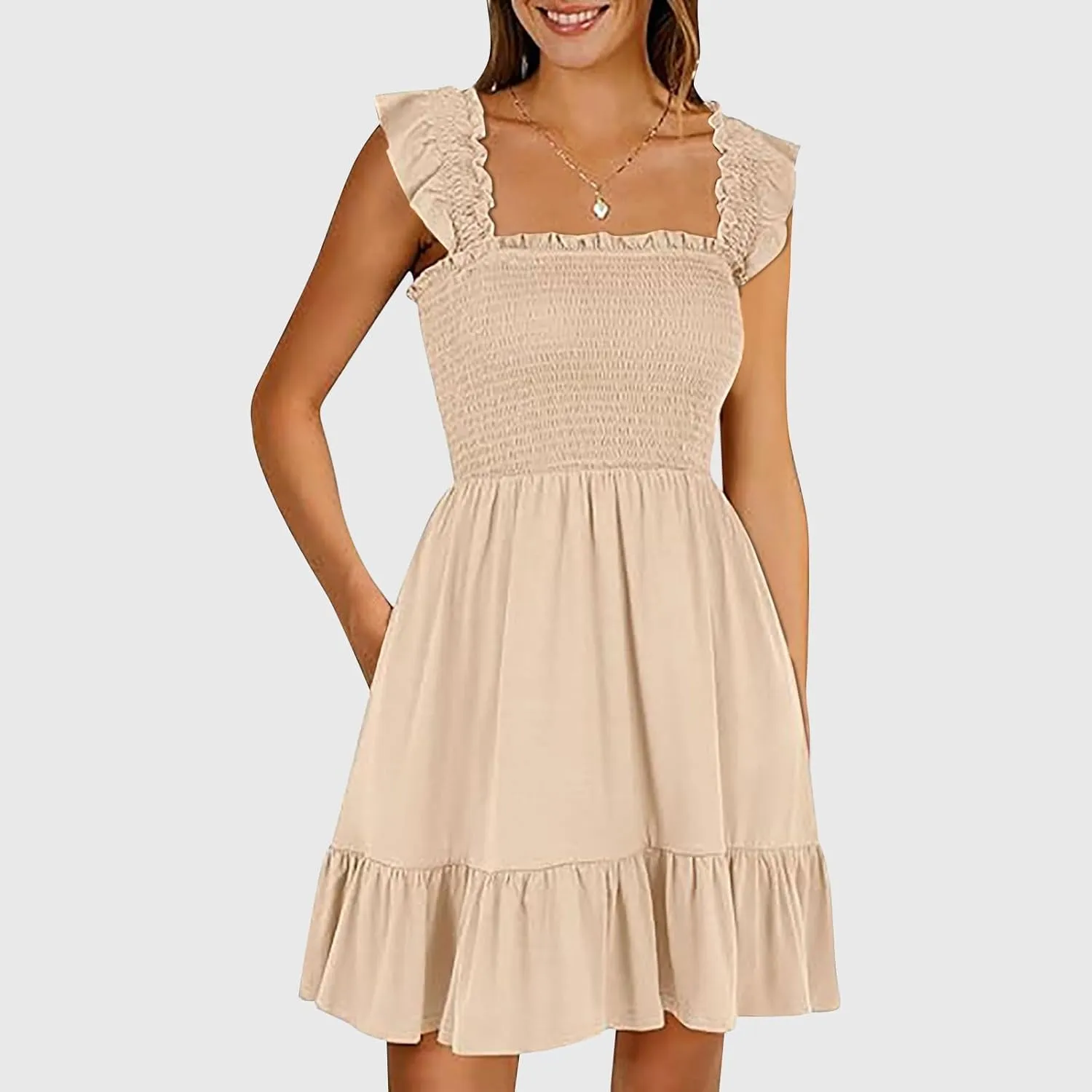 Womens Summer Ruffle Dresses Elastic Empire Waist Smocked A-line Layered Swing Flowy Mini Dress Bodydoll Sundress