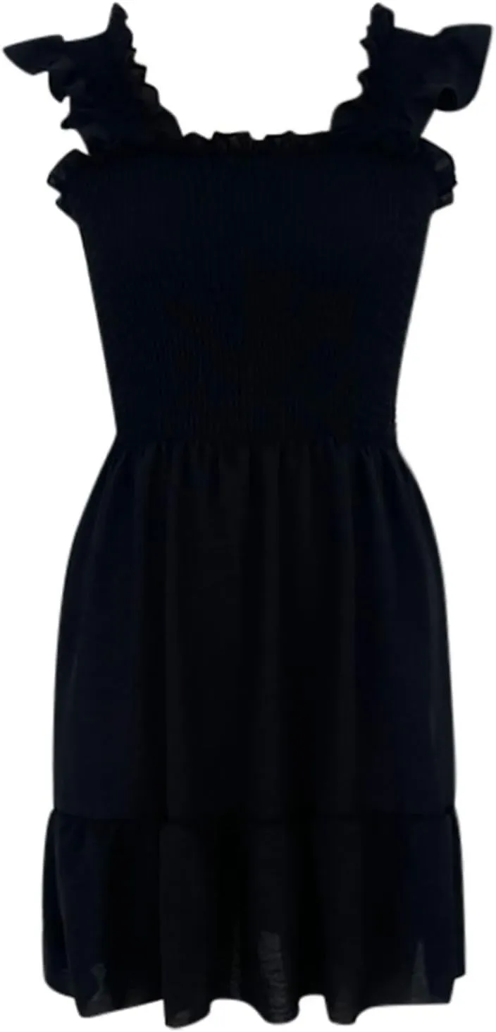 Womens Summer Ruffle Dresses Elastic Empire Waist Smocked A-line Layered Swing Flowy Mini Dress Bodydoll Sundress