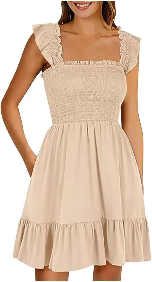 Womens Summer Ruffle Dresses Elastic Empire Waist Smocked A-line Layered Swing Flowy Mini Dress Bodydoll Sundress