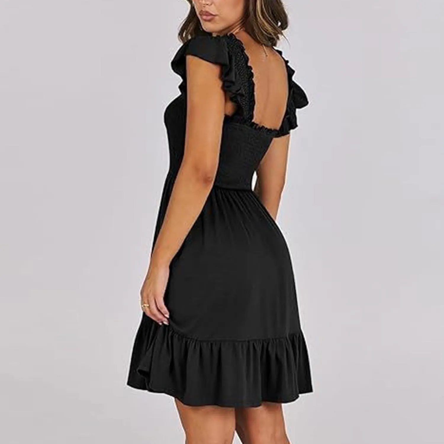 Womens Summer Ruffle Dresses Elastic Empire Waist Smocked A-line Layered Swing Flowy Mini Dress Bodydoll Sundress