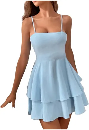 Women's Summer Strappy Smocked Tube Dress 2025 Off Shoulder Ruffle Tiered Flowy Beach Boho Mini Sundress