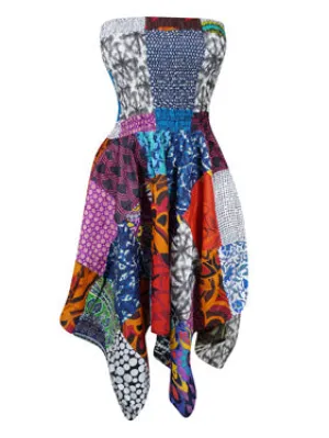 Womens Uneven Hem Boho Strapless Dress, Colorful Hi low Skirt S/M