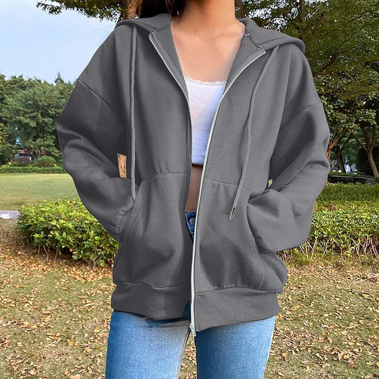 Zip Up Hoodie 2024 Casual Long Sleeve Solid Colour Drawstring Sweatshirt With Pocket Trendy Comfy Soft Sweater Tops