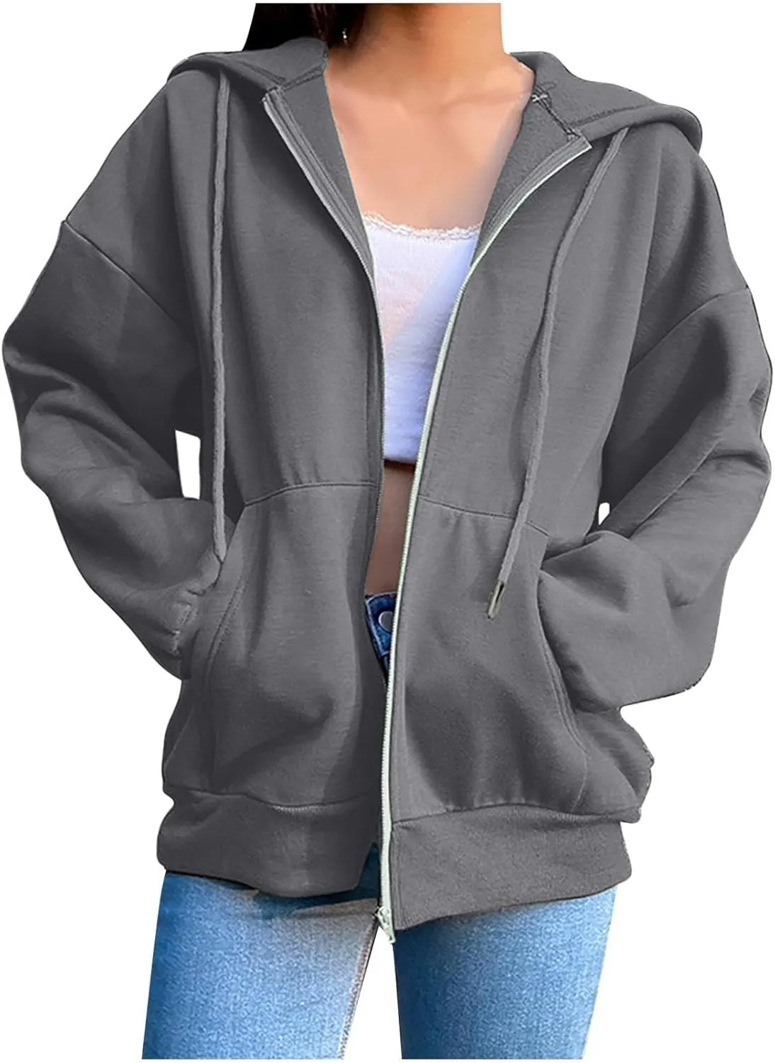 Zip Up Hoodie 2024 Casual Long Sleeve Solid Colour Drawstring Sweatshirt With Pocket Trendy Comfy Soft Sweater Tops