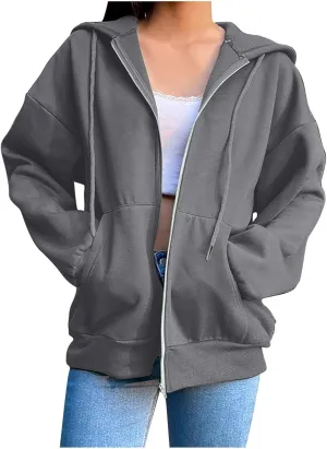 Zip Up Hoodie 2024 Casual Long Sleeve Solid Colour Drawstring Sweatshirt With Pocket Trendy Comfy Soft Sweater Tops